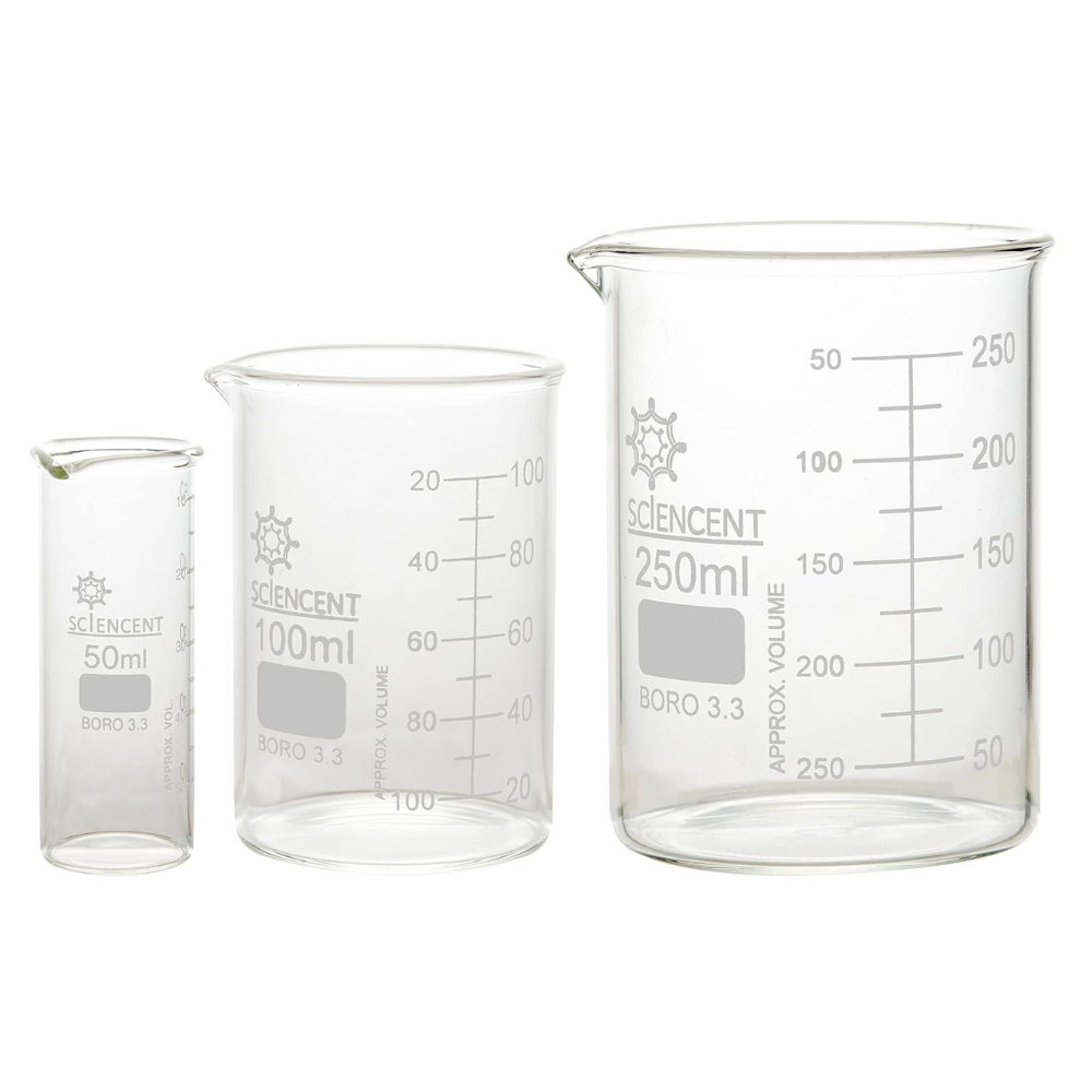 SCIENCENT Glass Beaker 50ml, 100ml, 250ml (Set of 3)